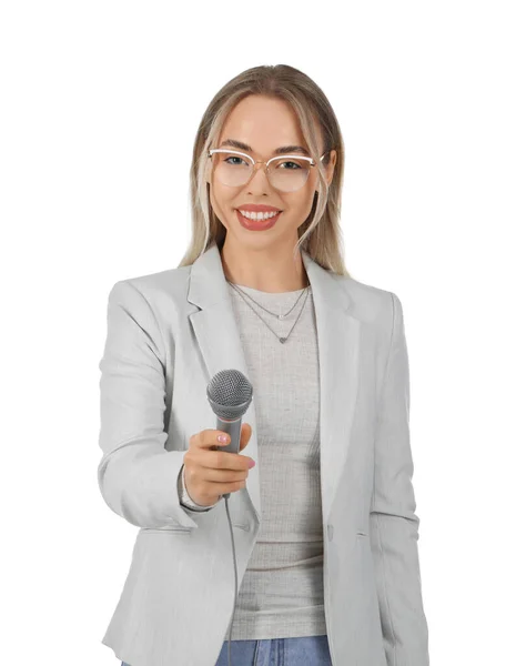 Jornalista Feminina Com Microfone Fundo Branco — Fotografia de Stock