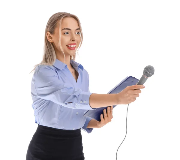 Beyaz Arka Planda Mikrofonu Panosu Olan Kadın Gazeteci — Stok fotoğraf