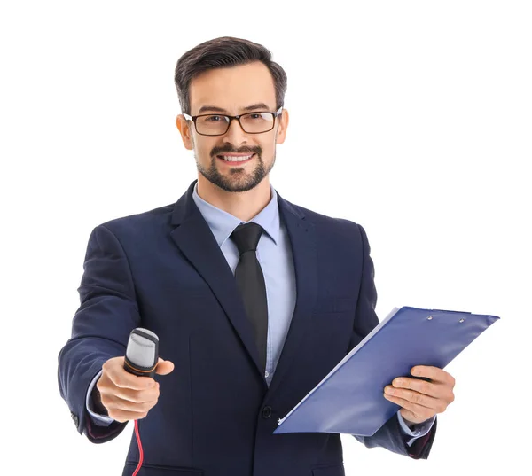 Male Journalist Microphone Clipboard White Background — Stock Photo, Image