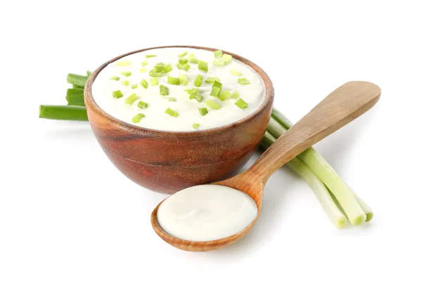 Bowl Spoon Tasty Sour Cream Green Onion White Background — Stock Photo, Image