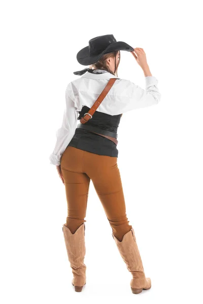 Junges Cowgirl Auf Weißem Hintergrund Rückseite — Stockfoto
