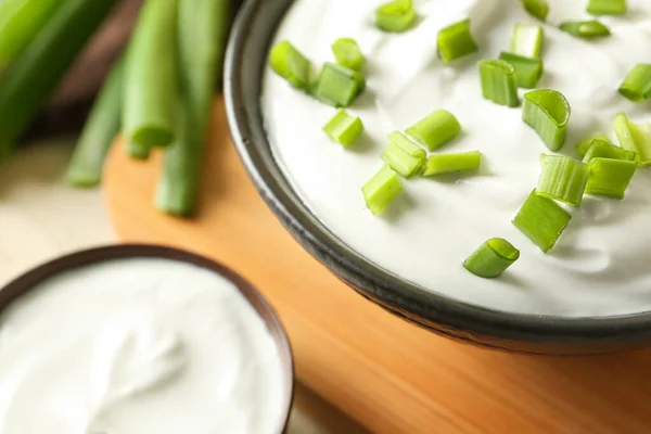 Composition Sour Cream Sliced Green Onion Wooden Table — Stock Photo, Image