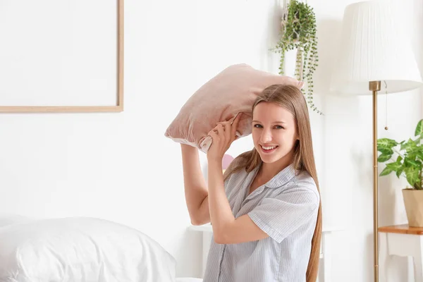 Pretty Young Woman Soft Pillow Bedroom — Stock Photo, Image