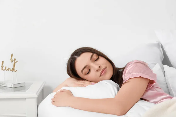 Morning Pretty Young Woman Sleeping Her Soft Bed — Stock Photo, Image