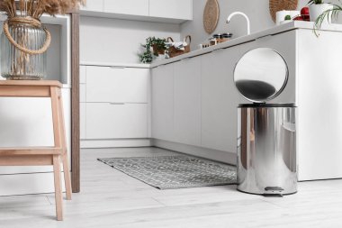 Modern mutfağın içinde metalik çöp kutusu açıldı.