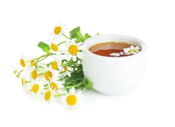 Schaal Van Honing Verse Kamille Bloemen Witte Achtergrond — Stockfoto