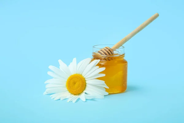 色の背景に蜂蜜とカモミールの花の瓶 — ストック写真