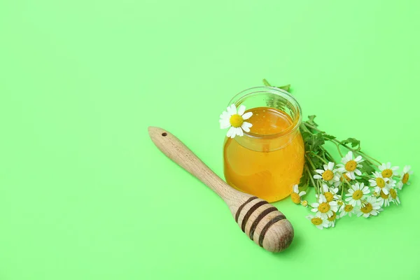 Βάζο Μέλι Dipper Και Φρέσκα Λουλούδια Χαμομηλιού Πράσινο Φόντο — Φωτογραφία Αρχείου