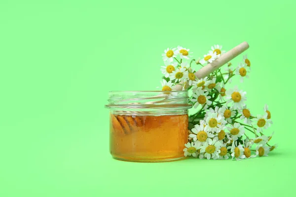 Słoik Miodu Świeże Kwiaty Rumianku Zielonym Tle — Zdjęcie stockowe