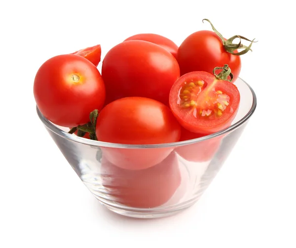 stock image Glass bowl with fresh cherry tomatoes on white background