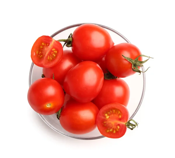 Tigela Vidro Com Tomates Cereja Frescos Fundo Branco — Fotografia de Stock