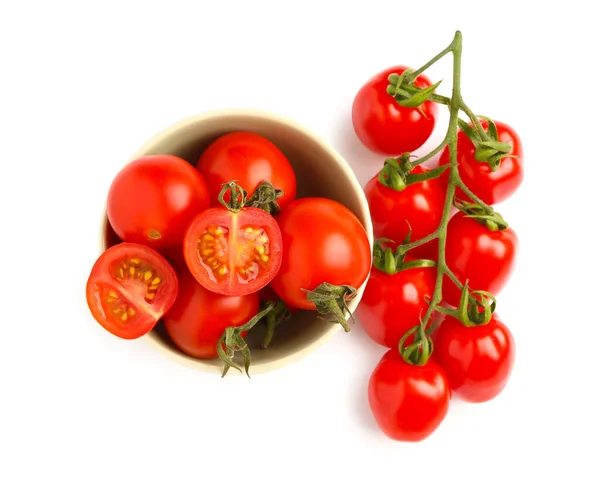 Miska Pomidorami Wiśniowymi Białym Tle — Zdjęcie stockowe