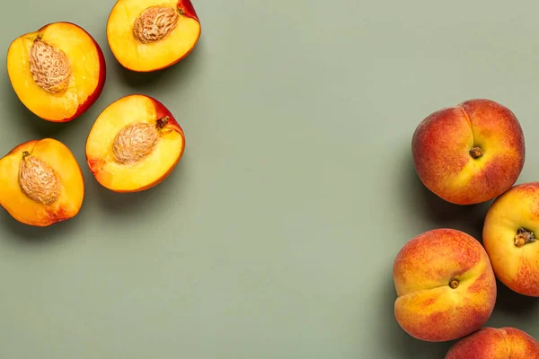 Many Sweet Peaches Grey Background — Stock Photo, Image