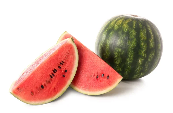 Frisse Watermeloen Stukjes Witte Achtergrond — Stockfoto