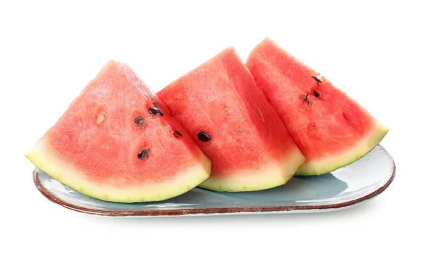 Plate Pieces Fresh Watermelon White Background — Stock Photo, Image