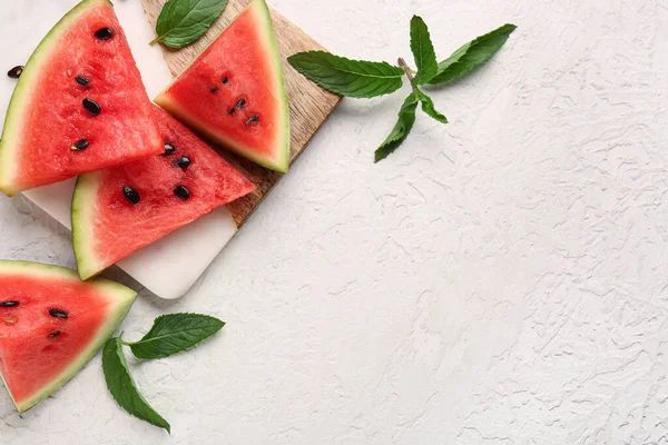 Board Pieces Fresh Watermelon Mint White Background — Stock Photo, Image