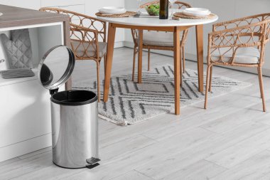 Modern mutfağın içinde metalik çöp kutusu açıldı.