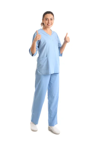 Ženská Lékařka Zobrazující Palec Bílém Pozadí — Stock fotografie