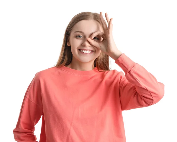 Junge Frau Rotem Sweatshirt Zeigt Auf Weißem Hintergrund — Stockfoto