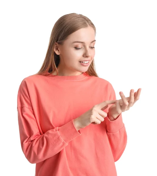 Young Woman Red Sweatshirt Counting White Background — Stock Photo, Image