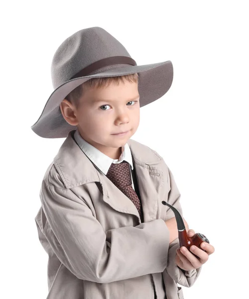 Cute Little Detective Smoking Pipe White Background — Stock Photo, Image