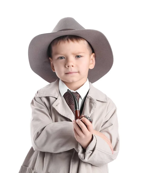 Милий Маленький Детектив Курильною Трубкою Білому Тлі — стокове фото