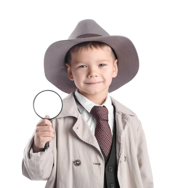 Cute Little Detective Magnifier White Background —  Fotos de Stock