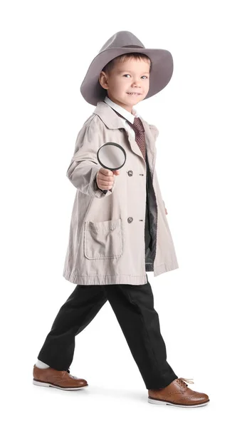 Cute Little Detective Magnifier White Background — Stock Photo, Image