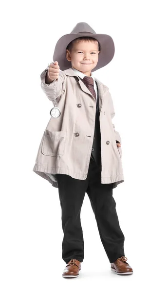 Милый Маленький Детектив Ретро Часами Белом Фоне — стоковое фото