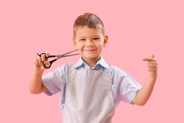 Funny Little Hairdresser Pointing Scissors Pink Background — Stock Photo, Image