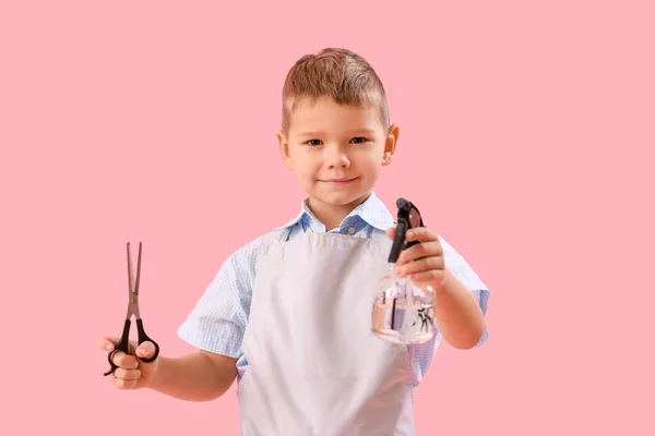 Funny Little Hairdresser Scissors Spray Pink Background — Stock Photo, Image