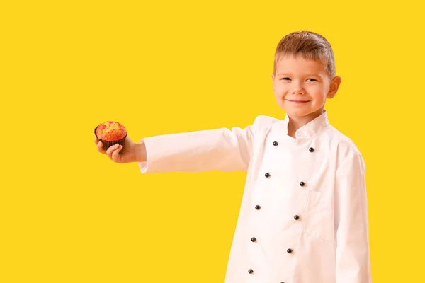 Cute Little Chef Tasty Cupcake Yellow Background — Stock Photo, Image