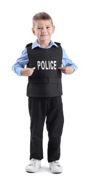 Funny Pequeño Oficial Policía Apuntando Armadura Del Cuerpo Sobre Fondo — Foto de Stock