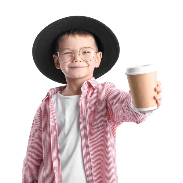 Cute Little Stylista Filiżanką Kawy Białym Tle — Zdjęcie stockowe