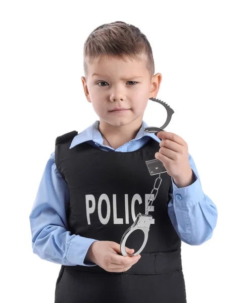 Lustige Kleine Polizisten Mit Handschellen Auf Weißem Hintergrund — Stockfoto
