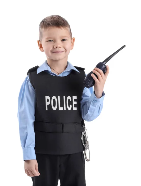 Vtipný Malý Policejní Důstojník Rádiovým Vysílačem Bílém Pozadí — Stock fotografie