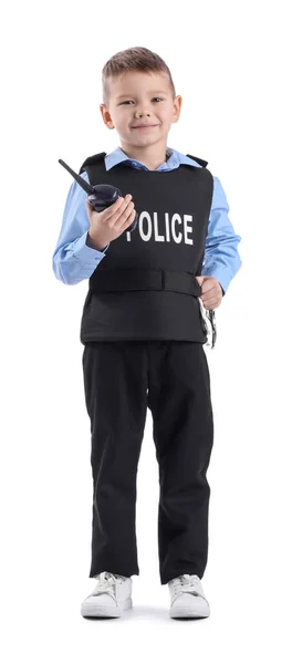 有趣的小警官 白色背景的无线电发射器和手铐 — 图库照片