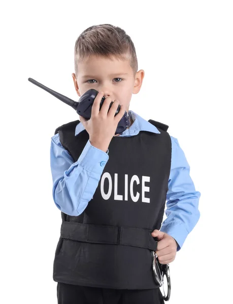 Lustiger Kleiner Polizist Mit Funksender Und Handschellen Auf Weißem Hintergrund — Stockfoto