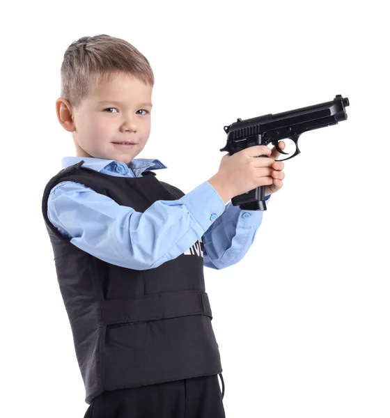 Funny Little Police Officer Gun White Background — Fotografia de Stock