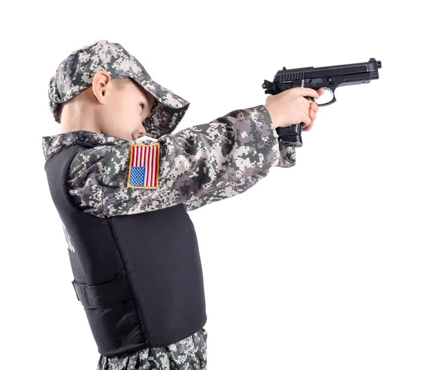 Симпатичный Маленький Солдат Пистолетом Белом Фоне — стоковое фото