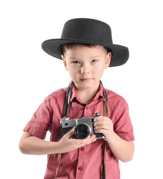 Милий Маленький Фотограф Фотоапаратом Білому Тлі — стокове фото