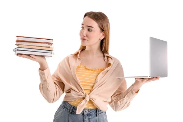 Mujer Joven Con Portátil Libros Sobre Fondo Blanco Concepto Equilibrio — Foto de Stock