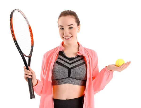 Sportliche Junge Frau Mit Tennisschläger Und Ball Auf Weißem Hintergrund — Stockfoto