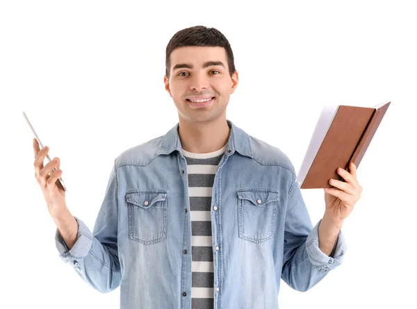Junger Mann Mit Tablet Computer Und Buch Auf Weißem Hintergrund — Stockfoto