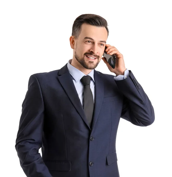 白い背景で携帯電話で話しているハンサムな実業家 — ストック写真