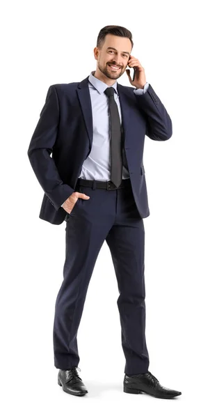 Handsome Businessman Talking Mobile Phone White Background — Stock Photo, Image
