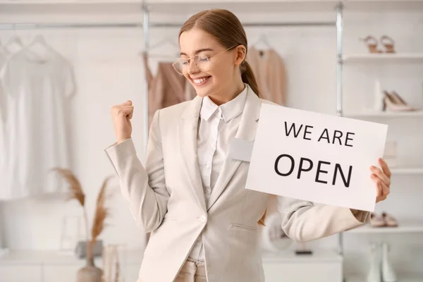 Happy Female Seller Opening Sign Boutique — Stock Photo, Image