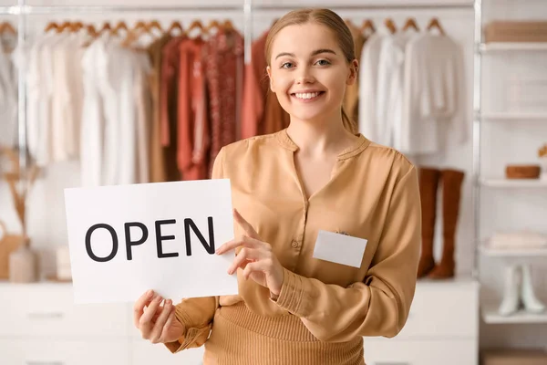 Female Seller Opening Sign Boutique — Stock Photo, Image
