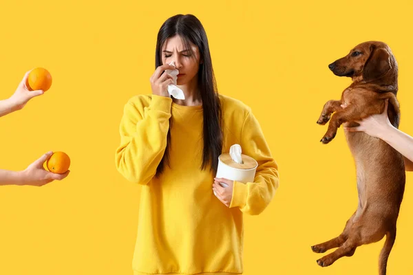 Jovem Alérgica Espirros Mãos Femininas Com Alérgenos Fundo Amarelo — Fotografia de Stock