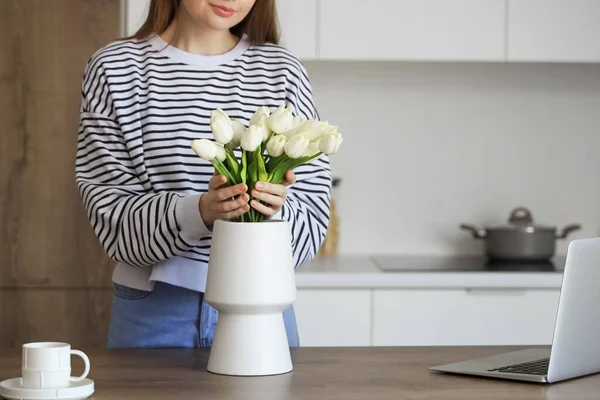 Woman Putting Bouquet White Tulip Flowers Vase Wooden Table Kitchen — Stock Photo, Image